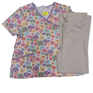 Smart Scrubs Floral Top and Beige Pants Set